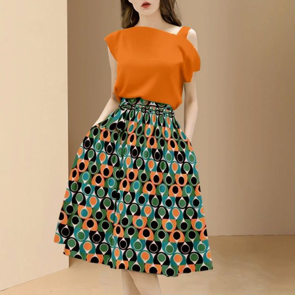 Solid Color Skew Collar Top with Print Midi Skirt